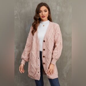 Side Slit Drop Shoulder Button-Up Cardigan Pink